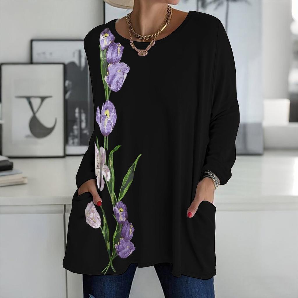 Plus Size Women Round Neck Long Sleeve Tee Soft Loose Tops For Daily Stroll And Indoor Rest