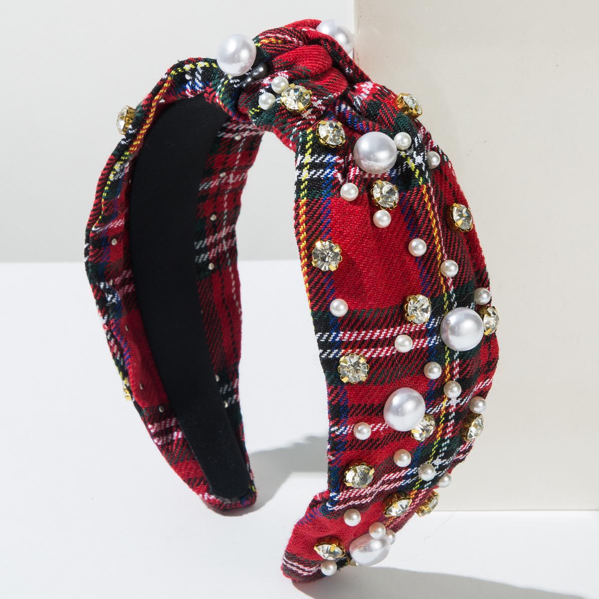 

Модная классическая клетчатая тканевая повязка на голову Женская с бусинами, стразами, ощущение высокого класса, аксессуар для волос в стиле маленького аромата One Size красный