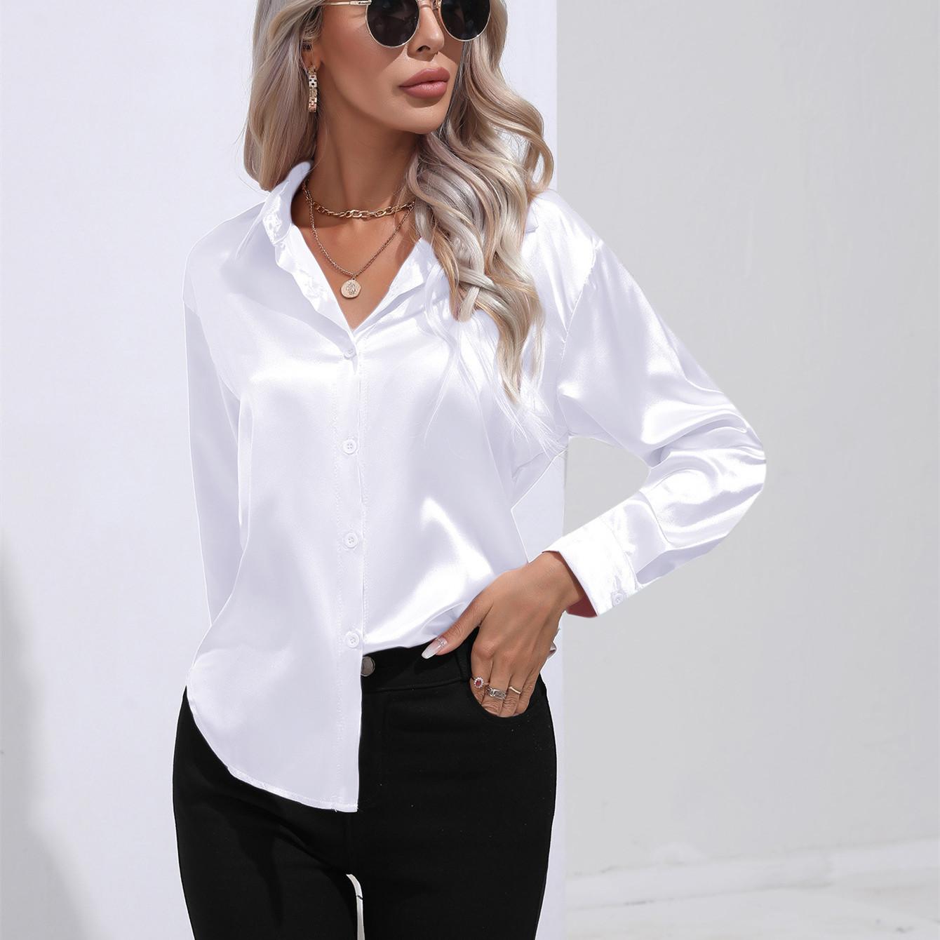 

GMXIA Женские модные повседневные однотонные блузки и рубашки-поло с длинным рукавом с принтом L белый