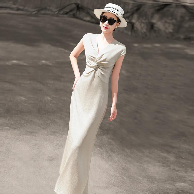 French Style Elegant V-Neck Midi Dress with Twisted Waist