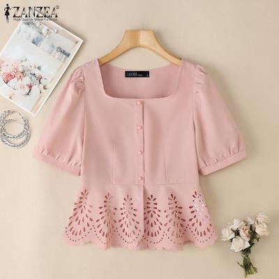 Womens Casual Hollow Design Loose Summer Short Sleeve Blouse