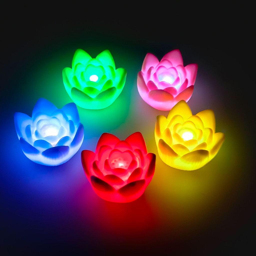 Seven-Color Lotus Lamp: Night Light for Prayer, Blessing, and Dharma with Guanyin and Buddha Offerings, Featuring Electronic Candle.