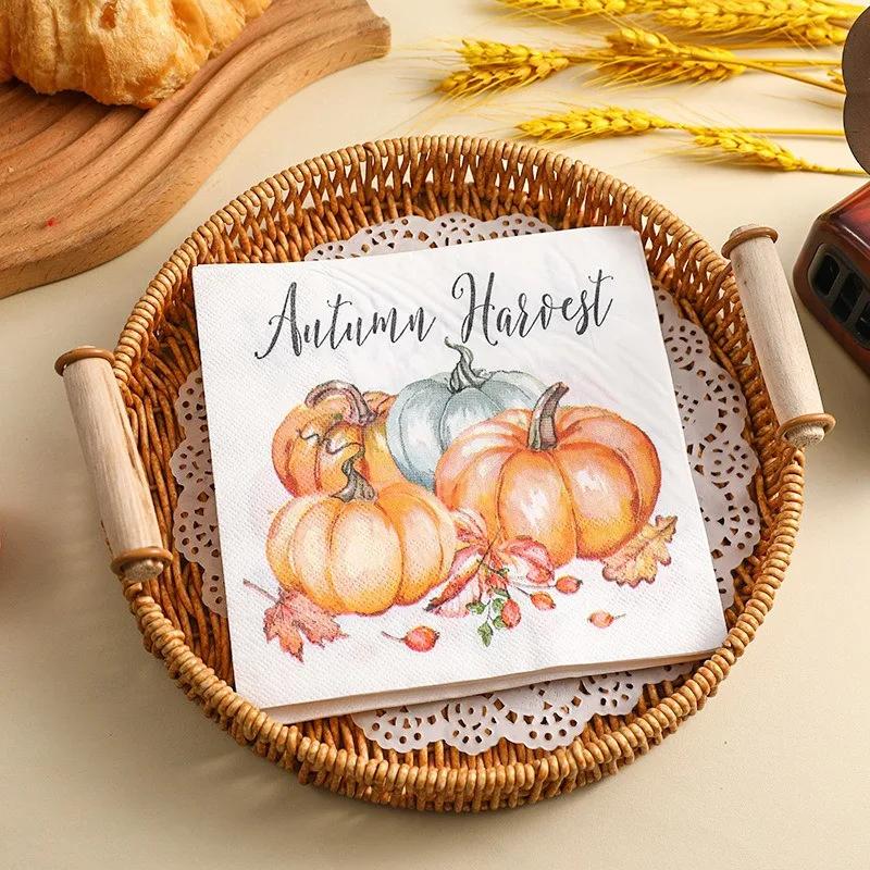 20Pcs/pack Thanksgiving Pumpkin Tissue Two Layer Printed Handkerchief Party Decoration Table Dinner Paper