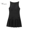 Women Summer Dress Sleeveless Bow Decor Pleated A-line Solid Color Mini Dress Back Zipper Closure O Neck Vest Dress for Dating Party