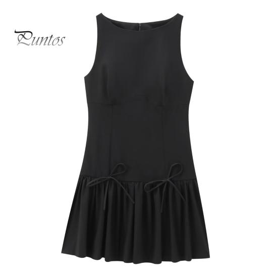 Women Summer Dress Sleeveless Bow Decor Pleated A-line Solid Color Mini Dress Back Zipper Closure O Neck Vest Dress for Dating Party