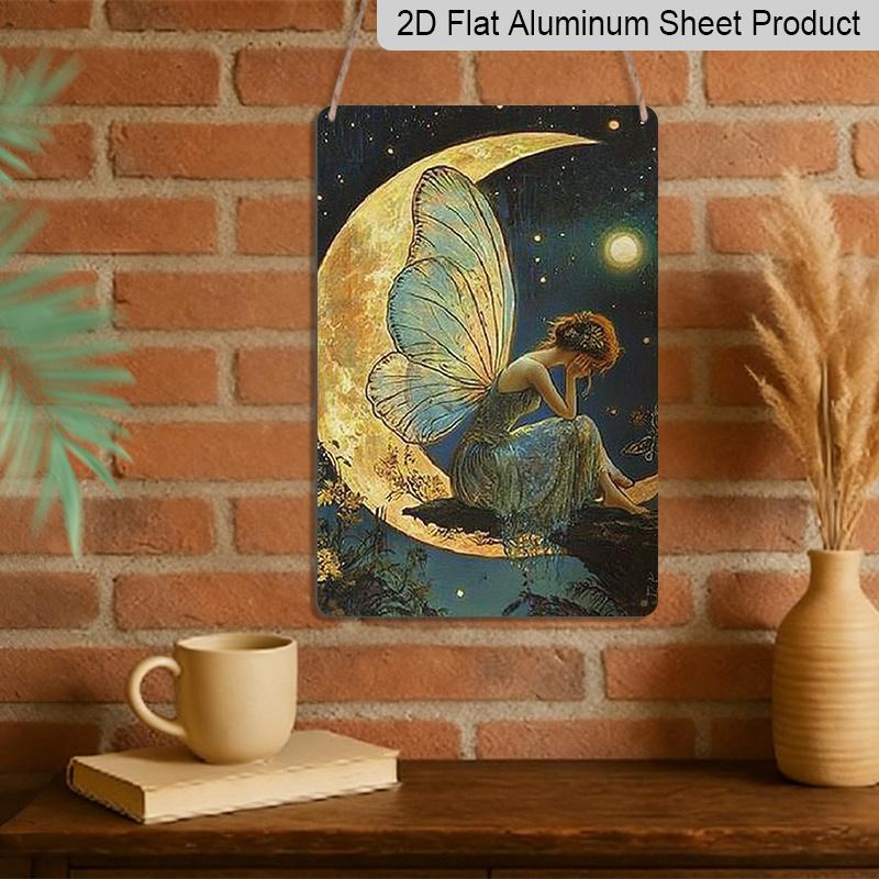 2D Flat 1pc Vintage Fantasy Fairy Moon Aluminum Sign-7.87*11.8 Inch Enchanting Wall Art with Crescent Moon & Stars, Durable Indoor/Outdoor Decor for