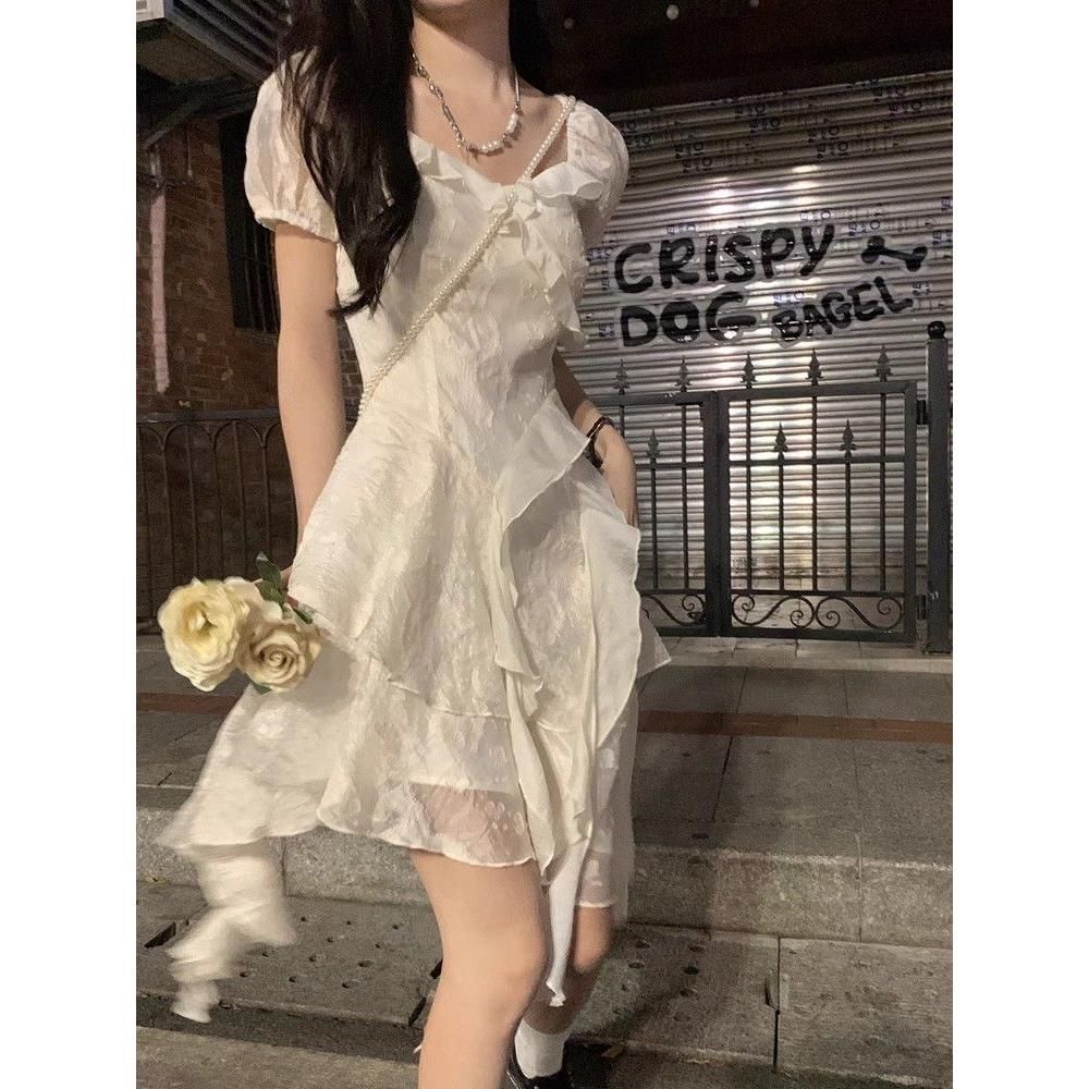 The Princess On the Run First Love White Moonlight Lotus Leaf Edge Dress Female Summer New Sweet Temperament Waist Fairy Dress