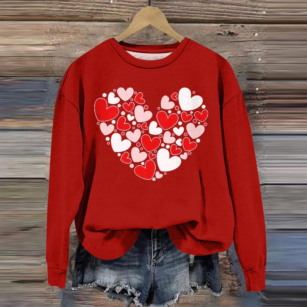 Damenmode Valentinstag Bedrucktes Langarm Locker Rundhals Sweatshirt Oberteil Herbst