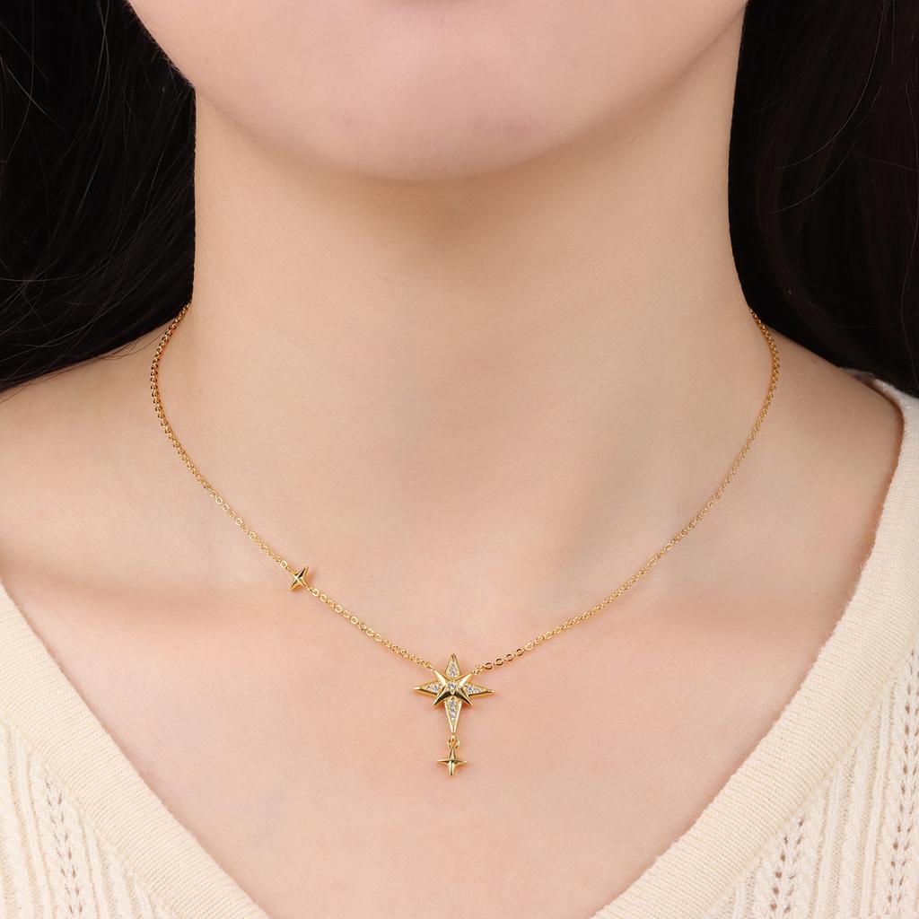 S925 Silver Fashion Star Moon Double Chain Drop Pendant Moon Octagram Zircon Fringe Necklace