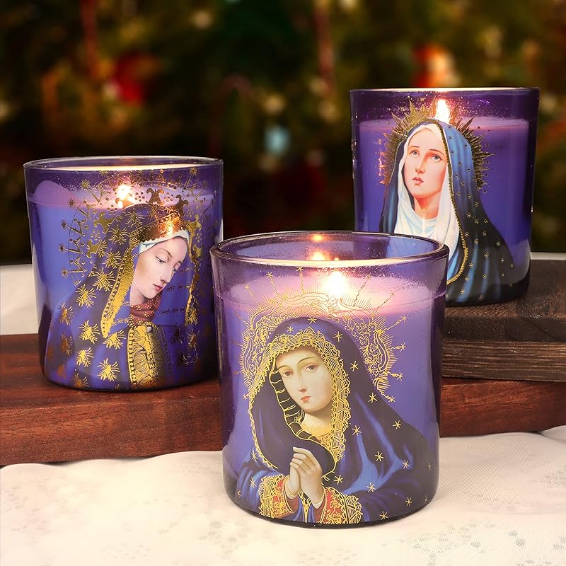 Blessed Virgin Mary Scented Candles - Set of 3 Purple Glass Votive Candles for Church Vigil Devotional and Catholic Home Altar - Long-Lasting Religious Theme