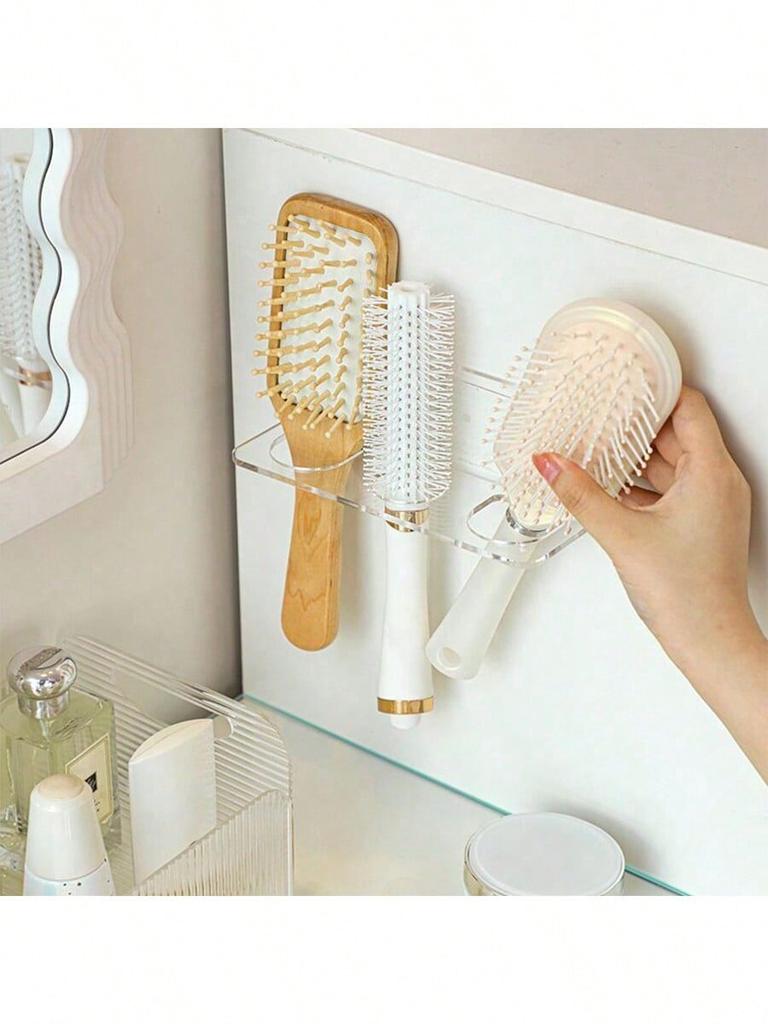 1pc No-Drill Bathroom Storage Shelf - Wall-Mounted Comb Holder With Anti-Slip Grid, Multifunctional For Toothbrush/Razor/Hair Clips