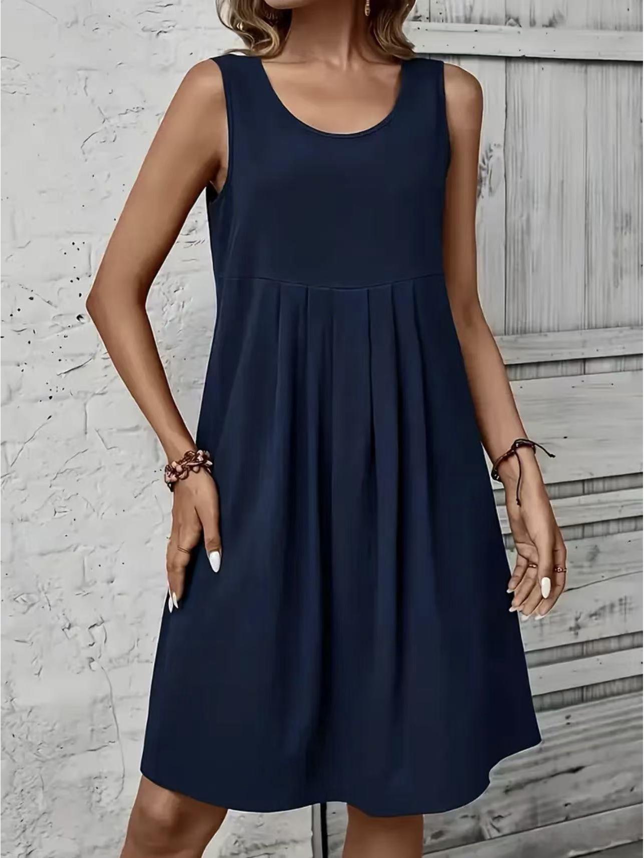 

Women s Solid Color Sleeveless Pleated Summer Dress XXL синий