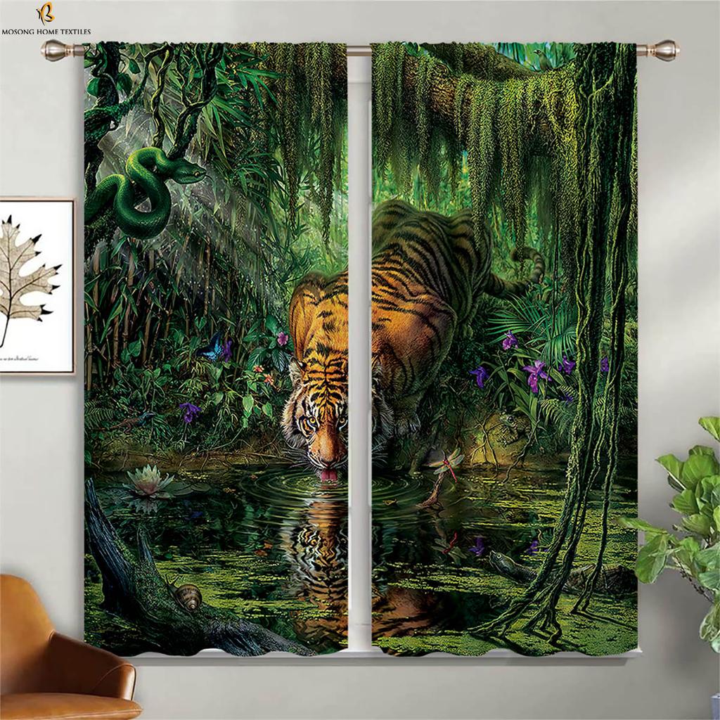 Cheetah Tiger Animal 3d Three-Dimensional Printing Curtain Bedroom Living Room Study Kitchen Window Decoration Curtain 2 Pieces