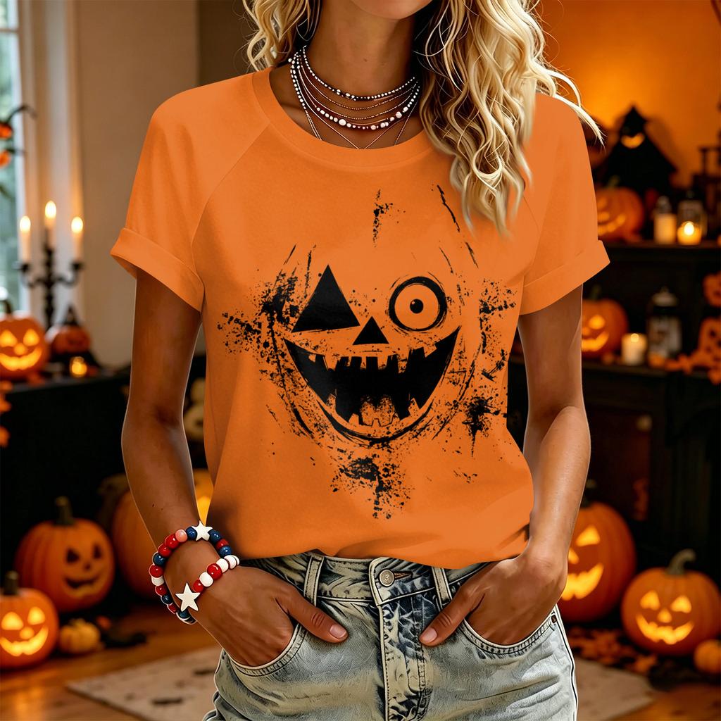 Women Casual Short Sleeve T Shirt Halloween Pumpkin Face Print Crew Neck Lightweight Top for Everyday Wear