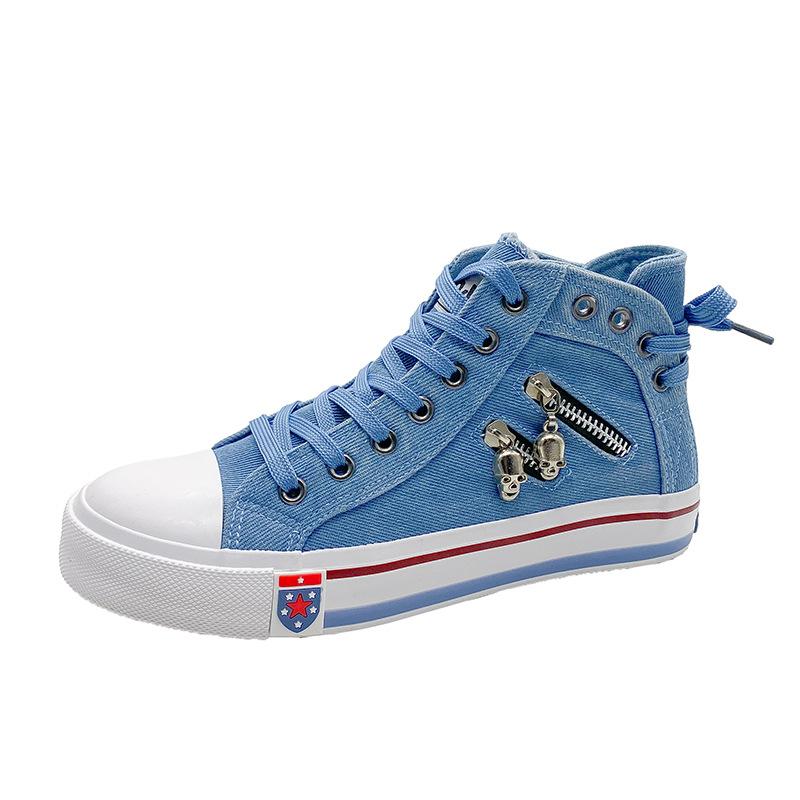 

Женские парусиновые туфли ретро шнуровка череп светло-голубой ретро деним высокие кеды металлическая отделка повседневная обувь 35 синий