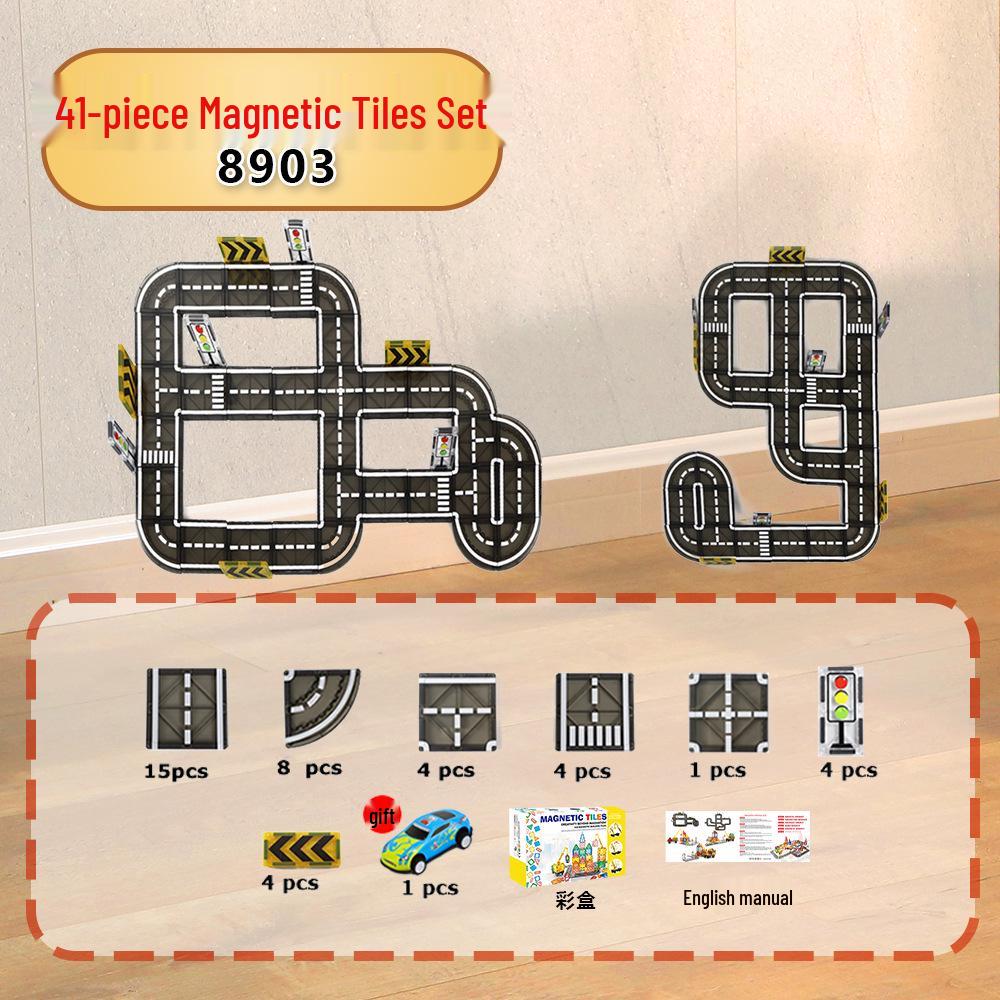 Cross-Border Magnetic Building Blocks: Strong Magnet Road & City Traffic Tiles with Crane & Stained Glass Design