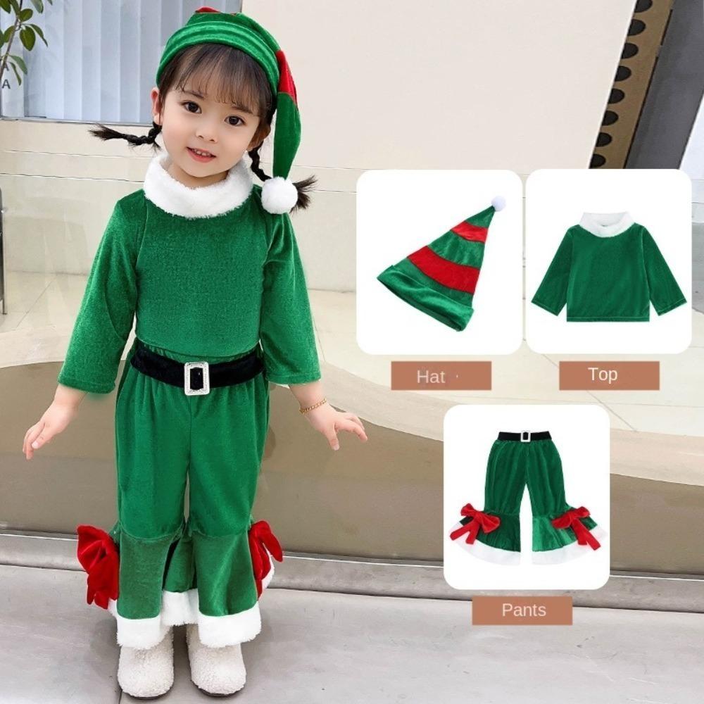Red Santa Claus Children Christmas Clothes Cosplay with Top Pants Hat Performance Costume Set Elf Outfits Soft Plush