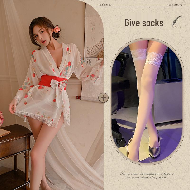 Women's Summer Sakura Kimono: Ice Silk V-neck Onsen Bathrobe & Sexy Print Nightgown