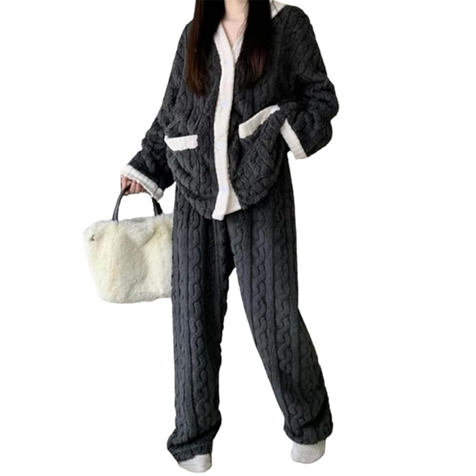 

HuuMeNEIDOO Пушистая пижама Длинный верх и теплая домашняя одежда для осени и зимы Женский комплект, V-образный вырез, Открытая спереди, Рукава, Брюки, меняющие цвет, Путешествия,