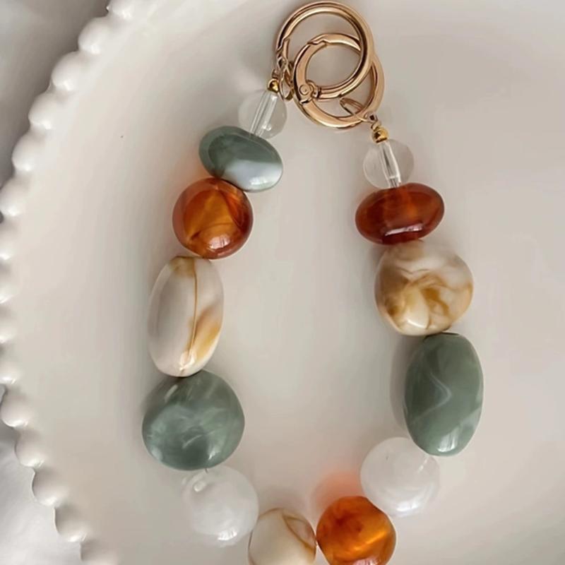 Women Decorative Phone Wrist Chain 1Pcs Mixed Color Grid Irregular Stone Anti-Loss Phone Lanyard for Daily Wear