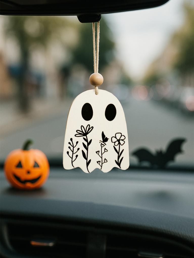 Wood Ghost Car Hanging Ornament, Floral Engraved Cute Spooky Pendant, Rearview Mirror Decor, Halloween Wall Decor for Home/Party
