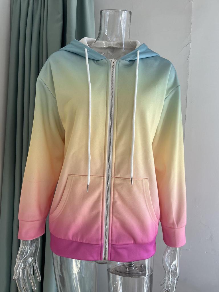 Gradient 3D Print Casual Long Sleeve Zip-Up Hoodie for Women