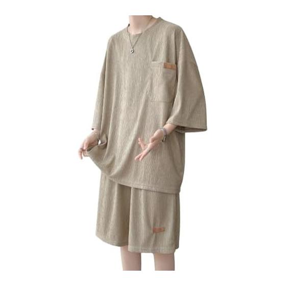 [Aaronlive] Men s Top and Bottom Set, Short Sleeve T-Shirt, Jersey, Summer Clothes, Large Size, Shot Pants, 2-Piece Set, Casual, Stylish, Breathable,