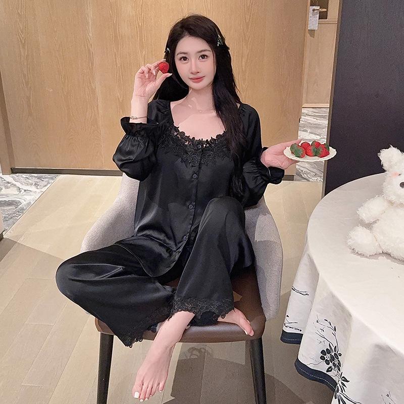 Women's Ice Silk Pajama Set with Lace - Spring & Autumn, Long Sleeve Top & Pants, Versatile for Home or Out