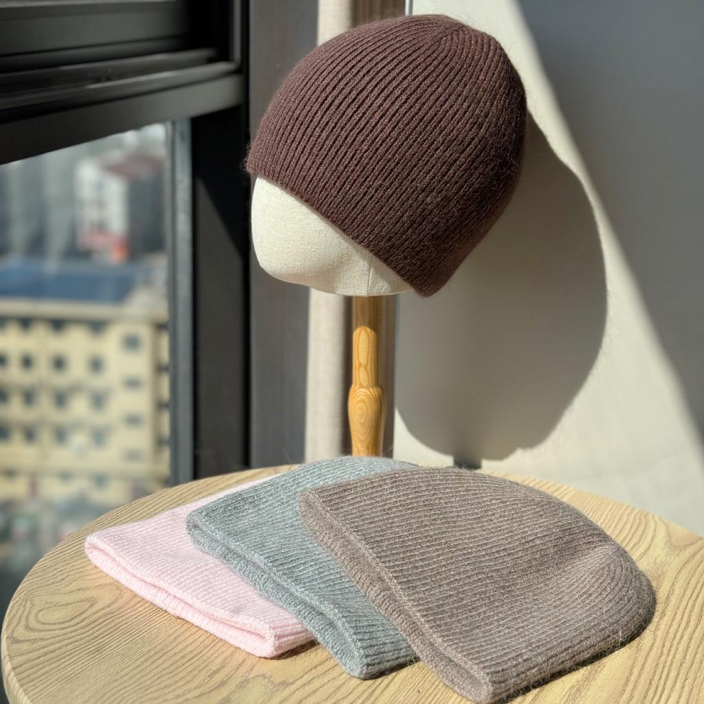 New Rabbit Woolen Hat for Men and Women Autumn and Winter Knitted Plush Striped Solid Color Dome Versatile Warm Hat for Couples