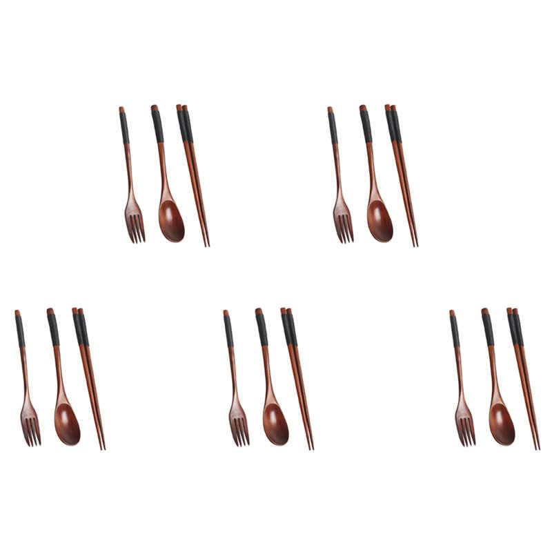 

ABJI-5X Wooden Flatware Set, Wooden Portable Set Chopsticks Spoon Fork Tableware Dinnerware With Black Twining Thread