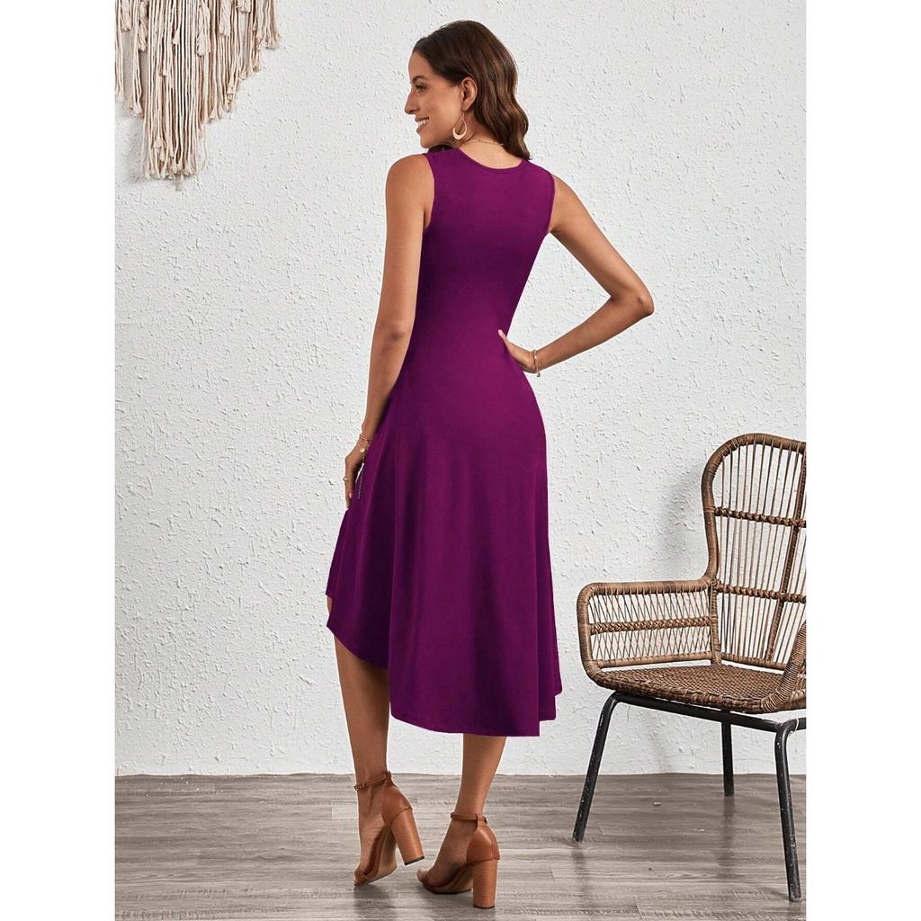 IHUASU Summer Women's Summer Fashion Sleeveless Solid Color A-line Crepe Mid-dress