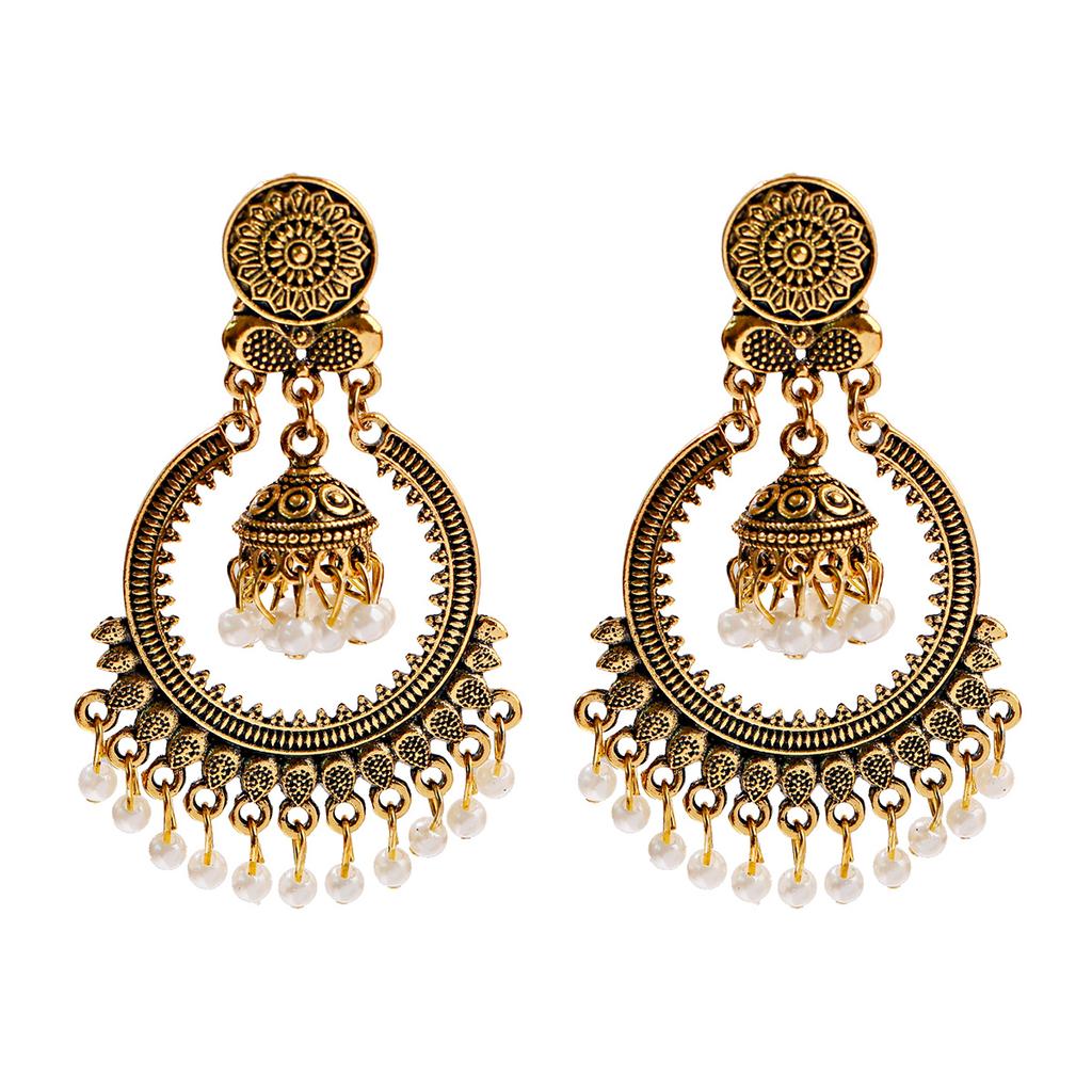 New Ethnic Gold Color Indian Jhumka Earrings for Women Pendient Heart Shape Beads Tassel Earring 2023 Vintage Brincos Zircon