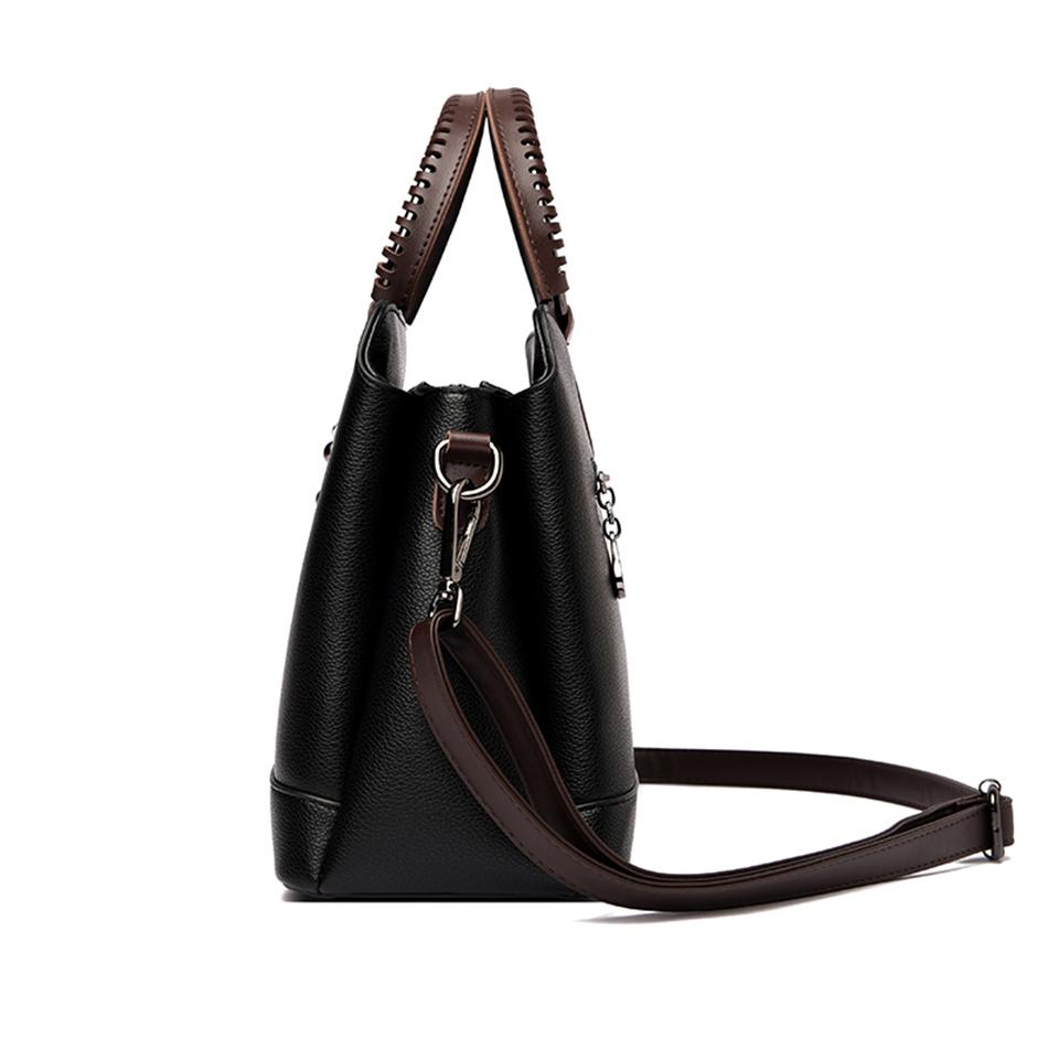 Elegant Two-Tone Leather Handbag for Women Top Handle Adjustable Shoulder Strap Luxury Fashion Purse with Leaf Pendant