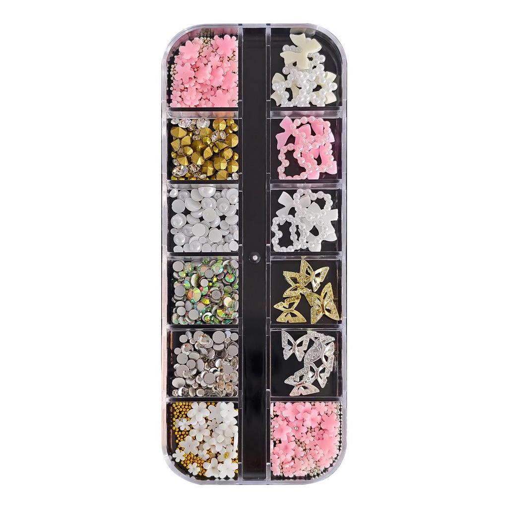 12-Grids Floral Steel Beads & Pearl Rhinestone Nail Art Decor Set