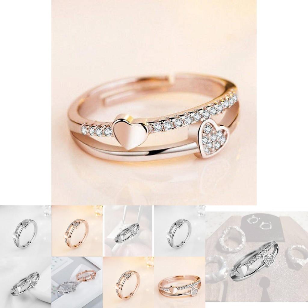 Three Jie Heart Shaped Diamond Inlaid Adjustable Opening Ring Couple Ring Silver Jewelry