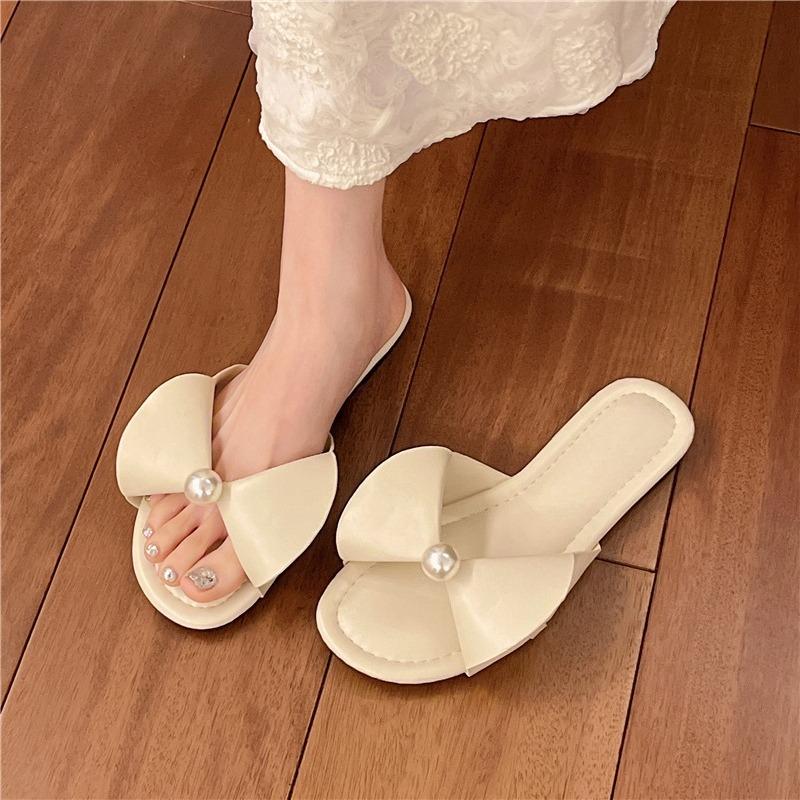 Fashion Fashion Plus-size Slippers Worn Outside New Women's Summer New Round Toe Open Toe Pearl Bow Non-slip Flat Cool Mop