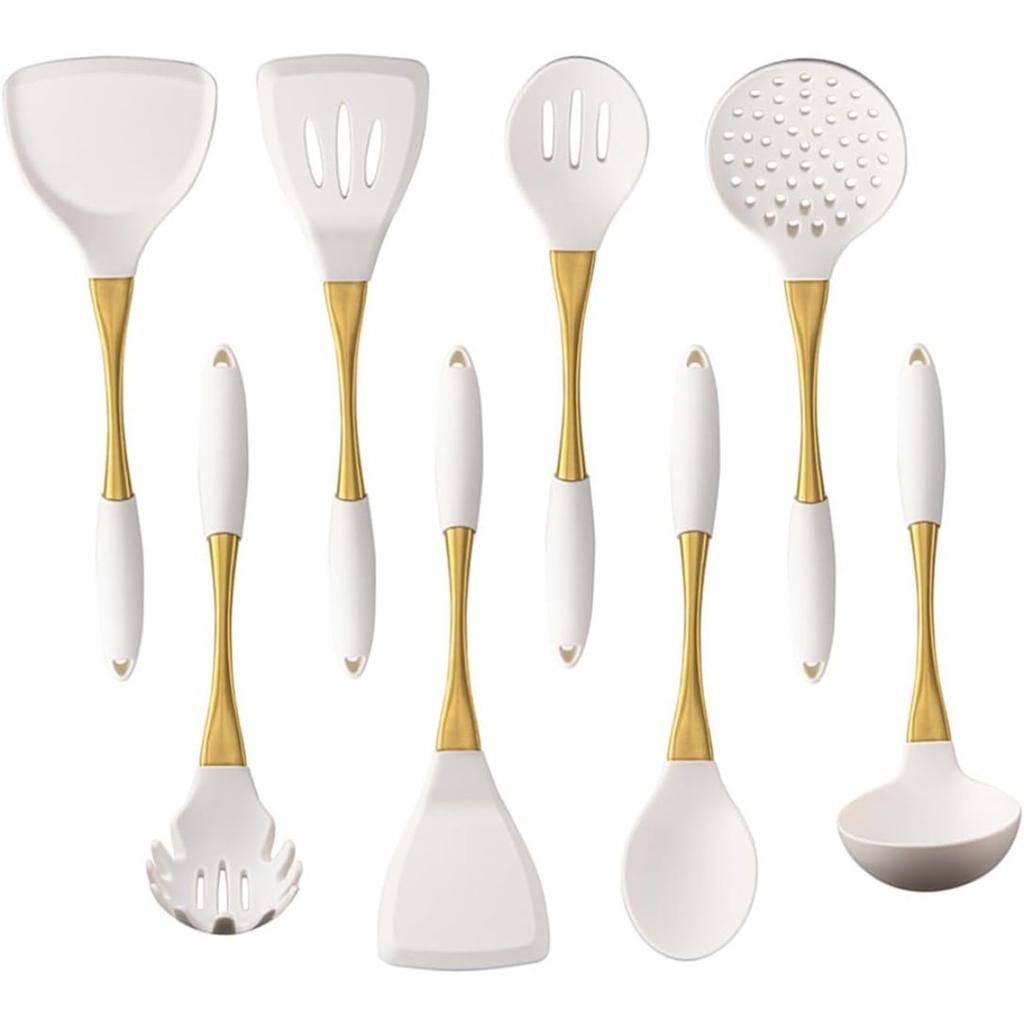 8pcs White Silicone Cooking Utensils with Strong Gold Handle Kitchen Essentials, Silicone Spatula Cooking Spoons