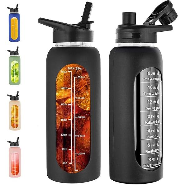 SIEROZUR 32oz Glass Water Bottle with 2 Lids-Handle Spout Lid & Straw Lid Large Sports Motivational Water Bottle with Silicone Sleeve and Time Marker