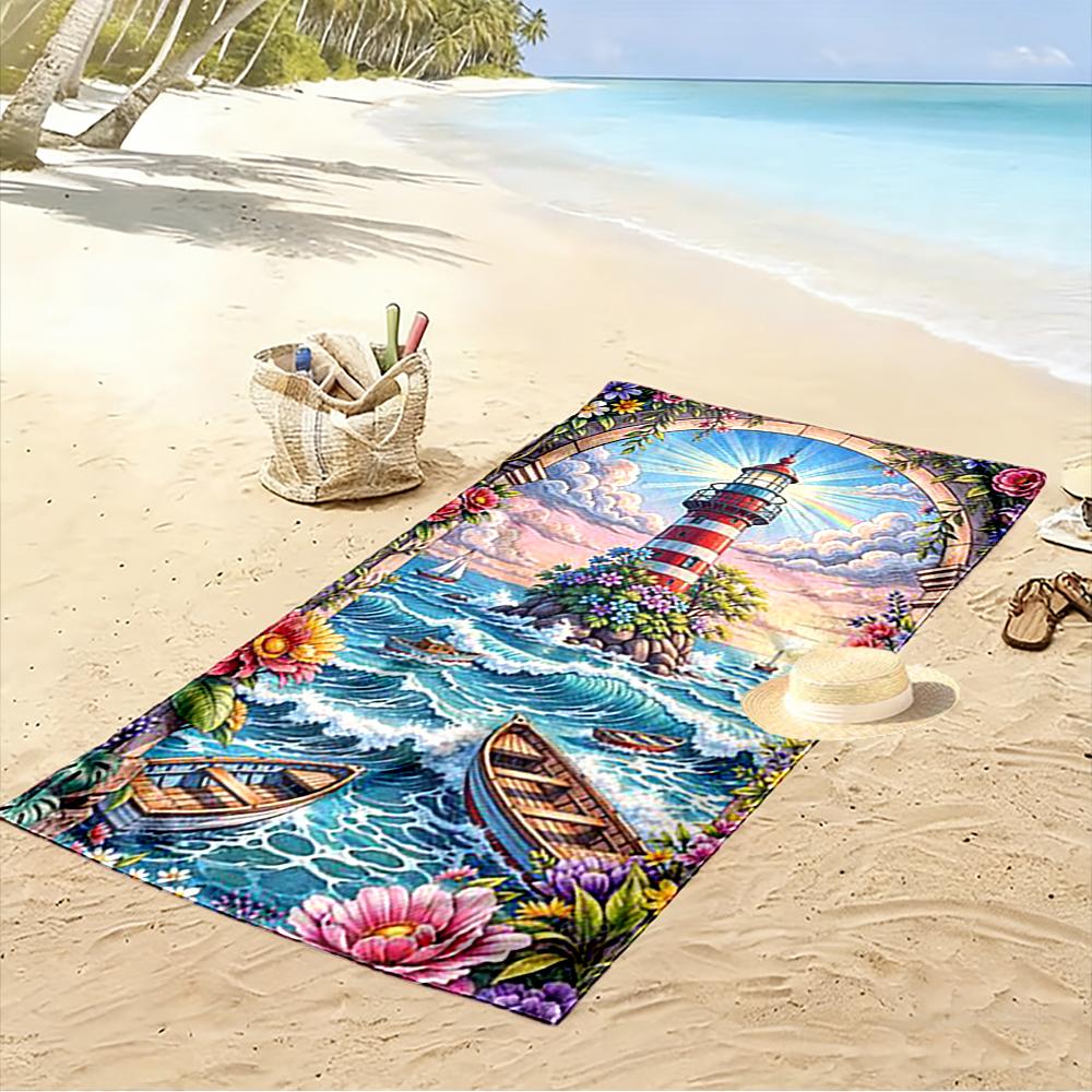 Lighthouse and Boats Scenic View Beach towel quick-drying for travel outdoor sports jogging beach and swimming