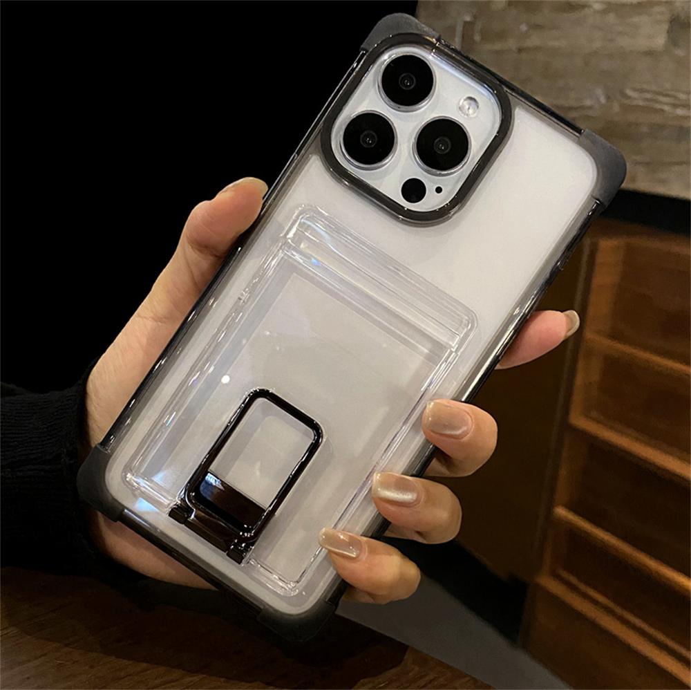 

Роскошный прозрачный кошелек с держателем для карт, чехол-подставка для iPhone 16 11 12 13 14 15 Pro Max Plus, прозрачный матовый противоударный чехол For iPhone 16 ProMax&Case & Holder чёрный