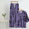 Summer Cotton & Rayon Slimming Outfit: Short-Sleeve Top & Floral Straight-Leg Pants for Middle-Aged and Elderly Women
