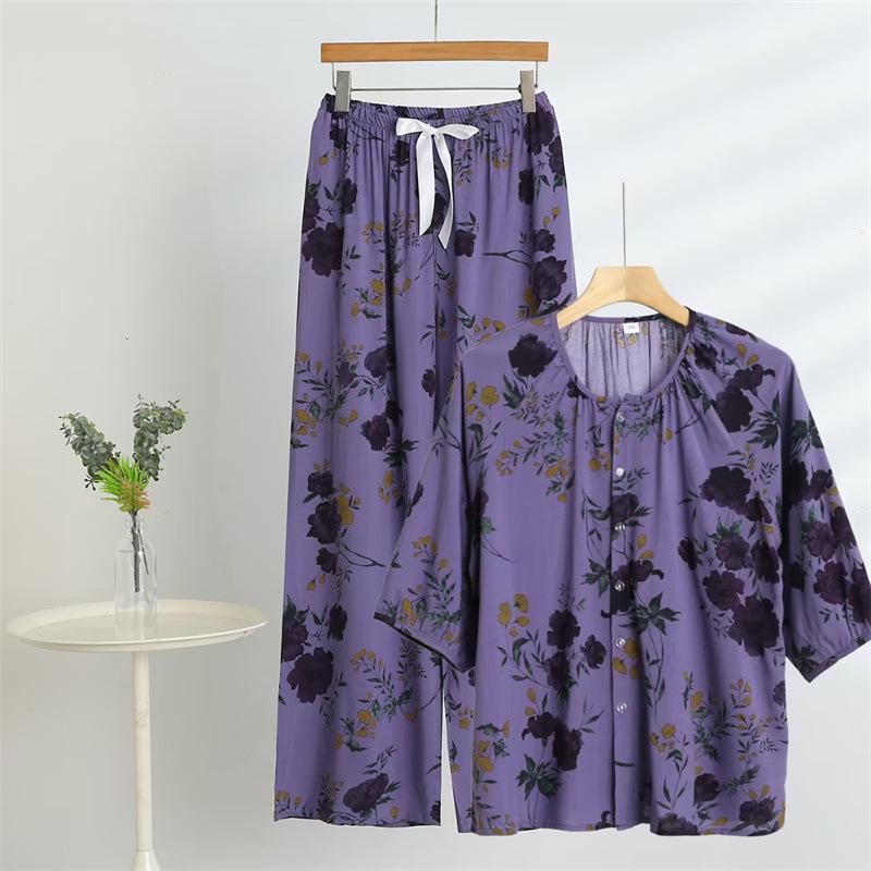 Summer Cotton & Rayon Slimming Outfit: Short-Sleeve Top & Floral Straight-Leg Pants for Middle-Aged and Elderly Women