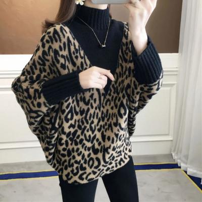 Suéter Feminino Outono e Inverno Listrado Solto Espessado Gola Alta Camisa de Tricô Leopardo Quente Pulôver Tops