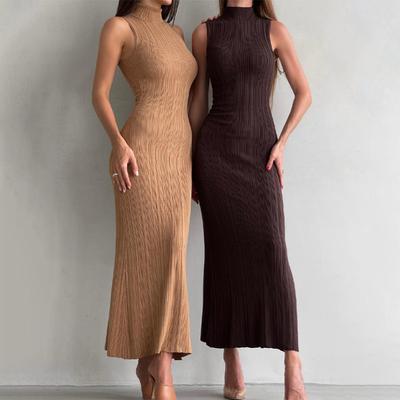 High Collar Knitted Women Dresses Autumn Winter Slim Fit High Waist Hip Package Lady Dress Elegant Sleeveless Slim Female