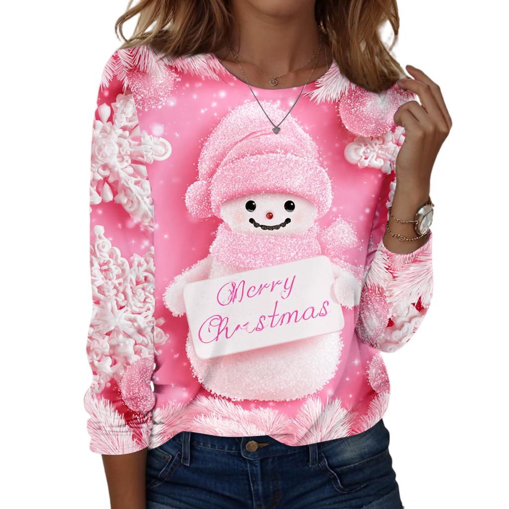 Women's Fashion Christmas Print Neck Long Sleeve Pullover Top for Holiday Wear