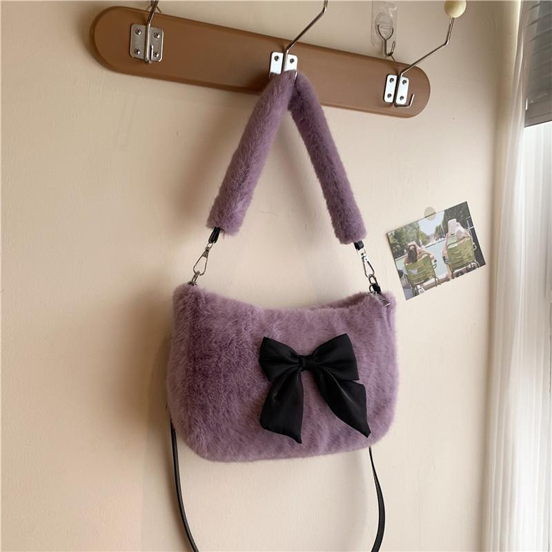Handheld fluffy women's bag, new autumn and winter plush bag, cute bow small square bag, shoulder messenger bag.