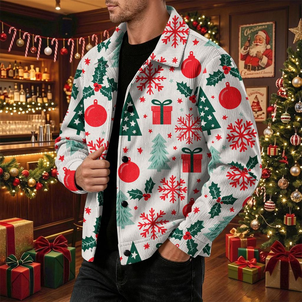 Men's Casual Loose Fit Long Sleeve Jacket with Lapel Collar Christmas Print for Fall