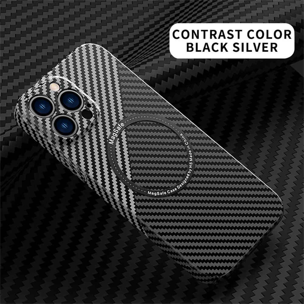 Carbon Fiber for Magnetic Wireless Charging Case for iPhone 16 14 15 Plus 11 12 13 Pro Max Magsafe Texture Splice PC Hard Cover