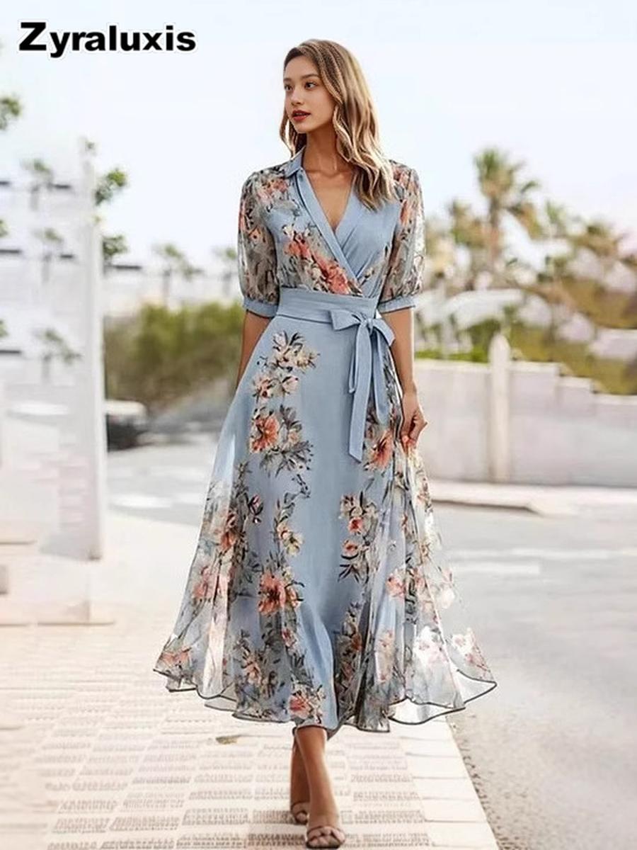 Women s Short Sleeve V-Neck Digital Printed Slim Fit Dress S