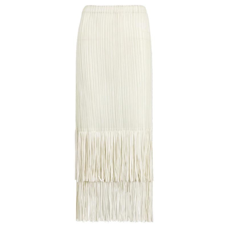 2025 Summer Pleated Tassel A-line Midi Skirt – High Waist Commute Design for Women